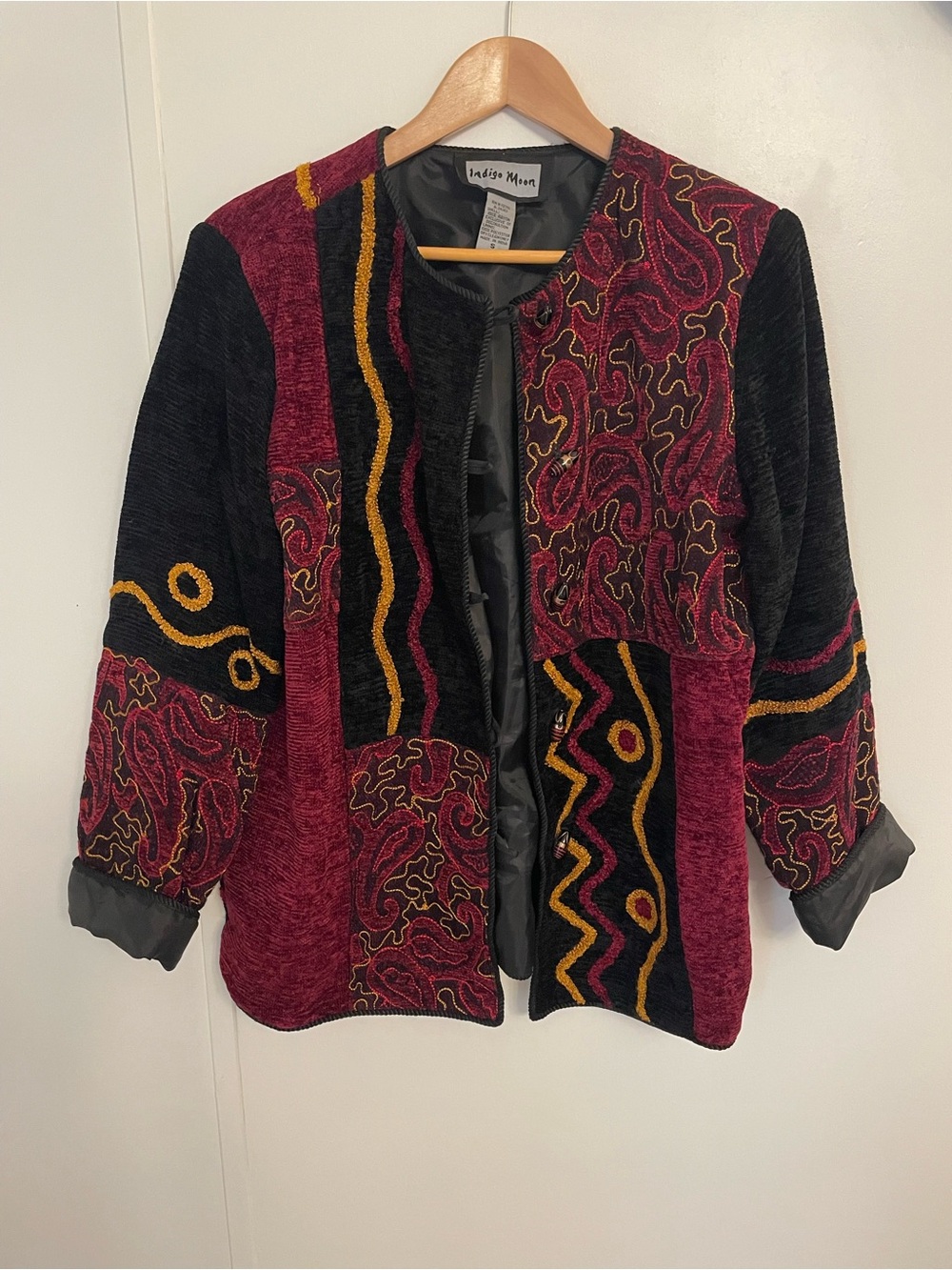 VTG Indigo Moon Patchwork Tapestry Jacket Boho Art To Wear Size S